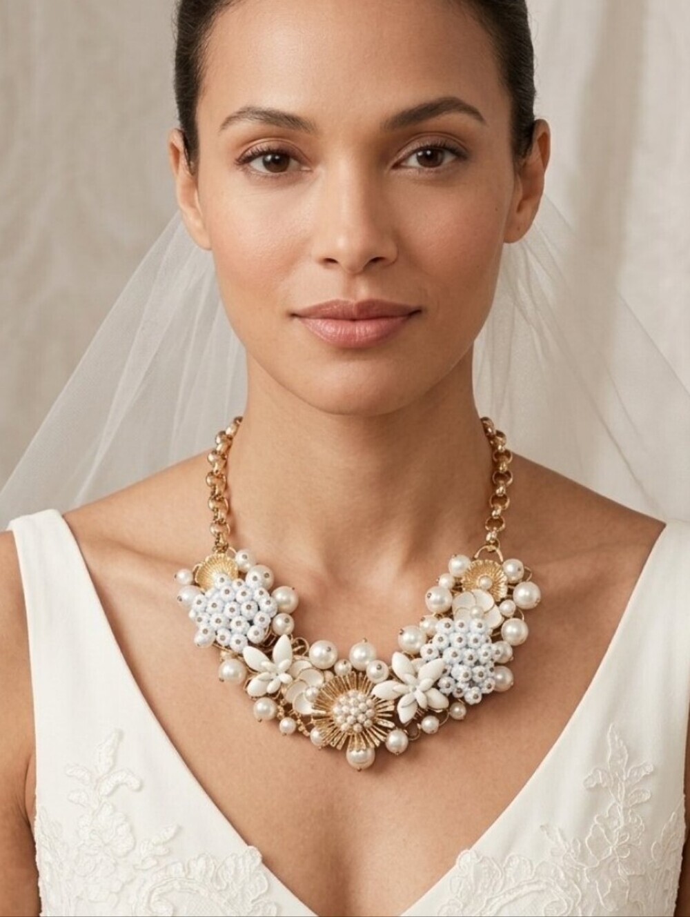 Elegant White Pearl Floral Statement Necklace Wedding Dinner Career Timeless
